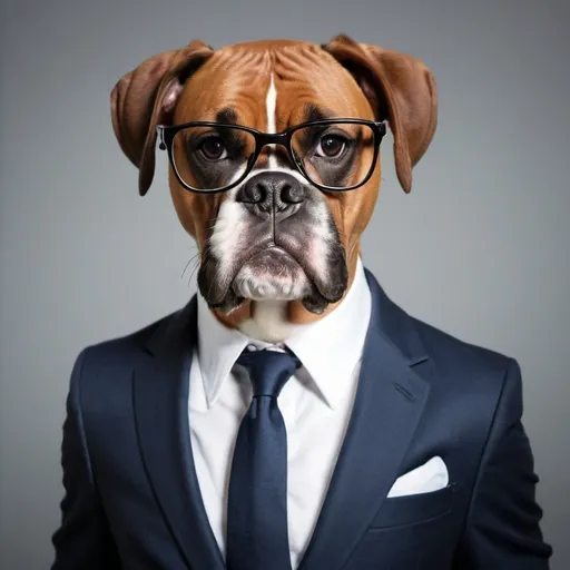 Prompt: boxer dog in suit with glasses

