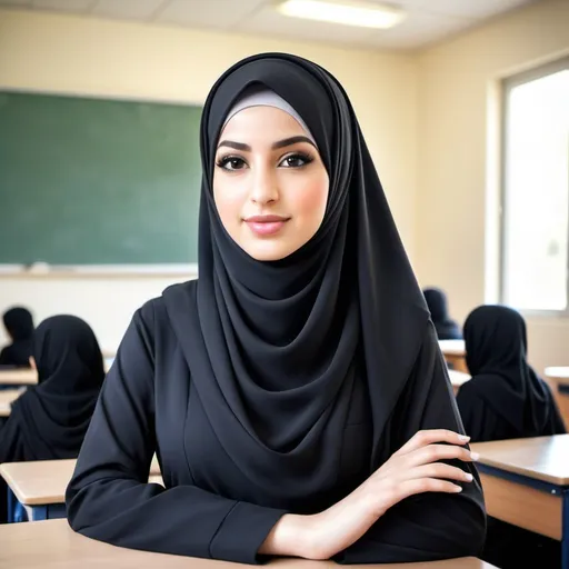 Prompt: A beautiful teacher is wearing hijab and abaya . She is ine class room.  