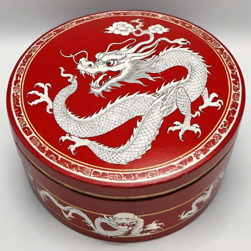 Prompt: Round Cigar box , Chinese red , white Chinese dragon holding an egg, highly artistry 