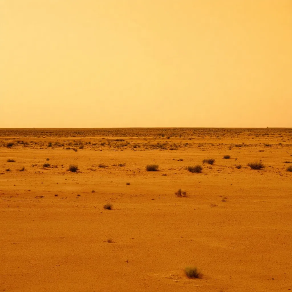 Prompt: A hot , somber yellow sky and a flat desert , no plants ,conveying desolation and loneliness