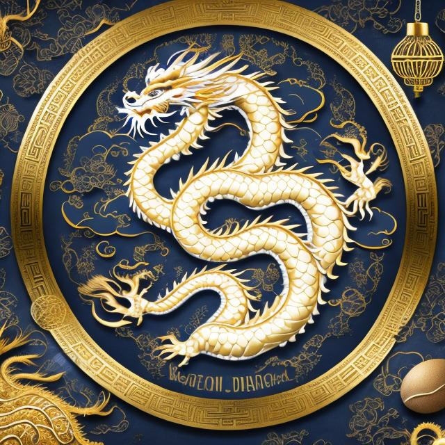 Prompt: White Chinese  dragon, egg, intricate , artistry, High resolution, happy Lunar year 2024, background navy blue and gold 