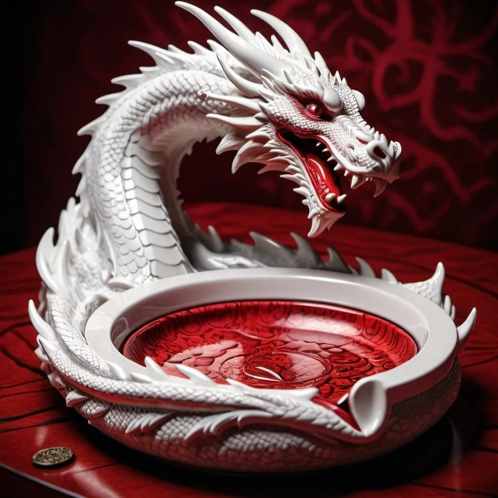 Prompt: Red Cigar ashtray, white dragon intricate design 