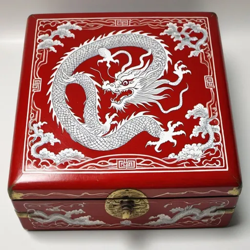 Prompt: Cigar box , Chinese red , white Chinese dragon pattern, intricate , highly artistry 