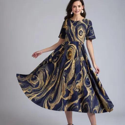 Prompt: Long women dress, smooth , navy blue and gold swirl pattern 