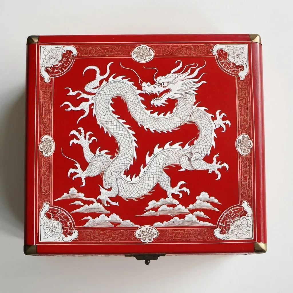 Prompt: Cigar box , Chinese red , white Chinese dragon pattern, intricate , highly artistry 