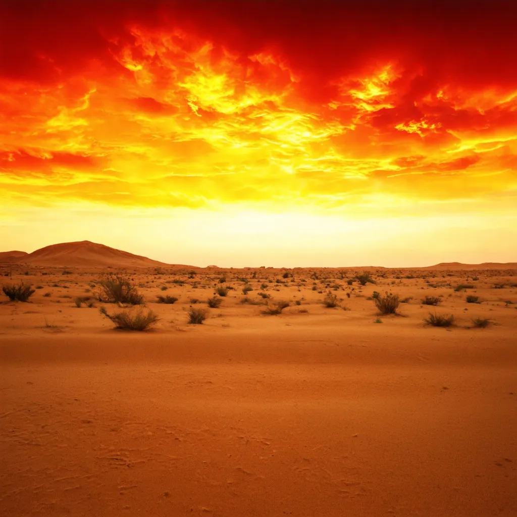 Prompt: A hot , yellow red sky and a desert , conveying desolation and loneliness