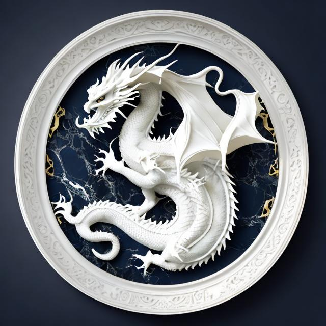 Prompt: White dragon, round frame  intricate , artistry, High , simulating marble carving appearance,resolution, background navy blue and gold 