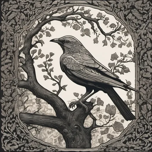 Prompt: A medieval woodcut of a bird and tree
