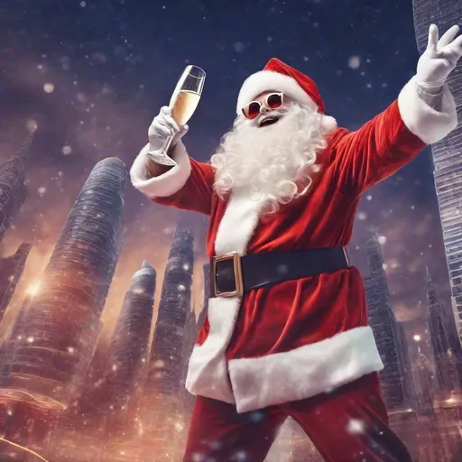 Prompt: santa claus in glasses in futuristic city cheering with champagne, bright smile, holiday mood, bright sky