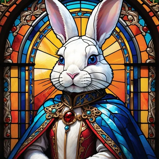 Prompt: A stained glass portrait of a white (bunny) in tall boots and a cape, vibrant colors, radiant hues, sunlight streaming through, intricate patterns, medieval style, whimsical atmosphere, ethereal vibes, detailed and ornate background, masterful craftsmanship, elaborate detailing, motion in the cape, high precision, 4K quality, ultra-detailed, fantasy realm, shimmering glass, elegant and captivating design, vivid and glistening surfaces.