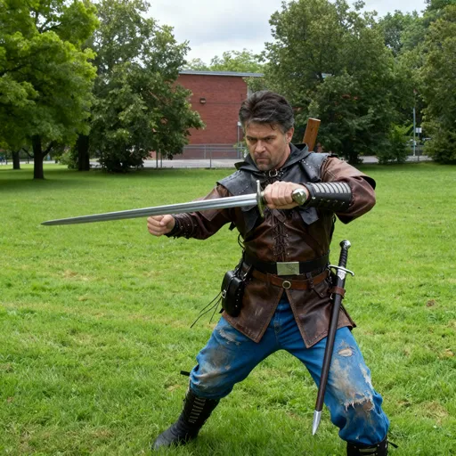 Prompt: In a vibrant green park, a man dressed in a medieval-inspired outfit strikes a dynamic pose, wielding a sword with intent. The character, clad in a brown leather tunic and weathered blue trousers, conveys a sense of action and preparedness, his expression focused and serious. The backdrop features a mix of leafy trees and a brick building, suggesting a suburban setting under a slightly overcast sky. His detailed armor and accessories, including a belt with pouches and a sheathed dagger, enhance the authenticity of his adventurous demeanor. The image captures the tension of a moment frozen in time, evoking themes of valor and the spirit of a bygone era.