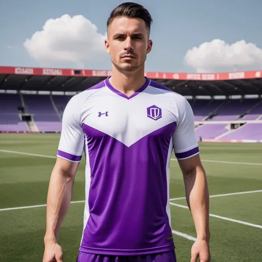 Prompt: Purple and white soccer jersey, sleek design, professional, sporty, detailed stitching, breathable fabric, high quality, vibrant colors, athletic, modern, clean lines, well-fitted, cool tones, dynamic, professional lighting