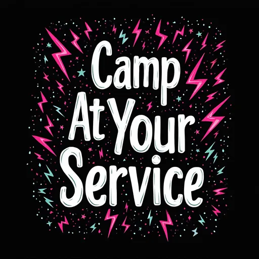 Prompt: A flag design. Make it all fun blacklight responsive colors. The background is a psychedelic lightning pattern over black. The text is white, centered and reads "Camp At Your Service". Pick a complimentary outline color for the text. 