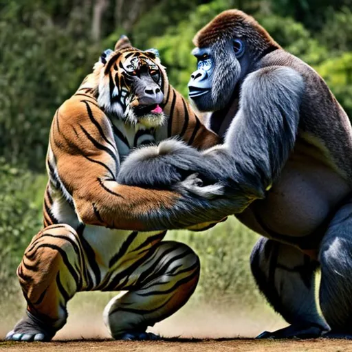 Prompt: big gorilla fighting against Tiger, Tiger