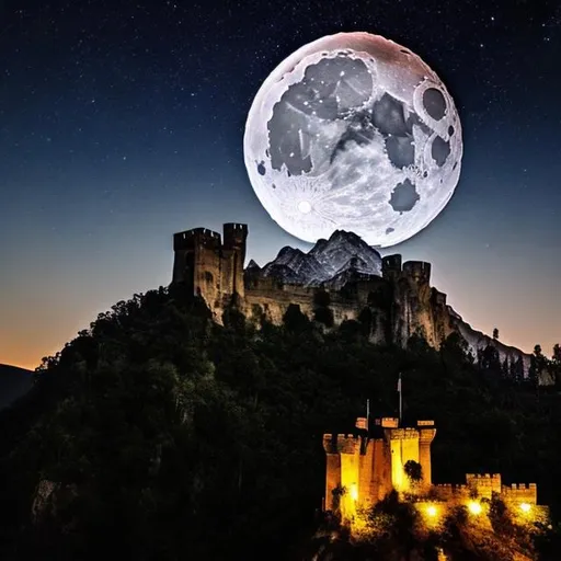 Prompt: big mountain, night, big moon, castle