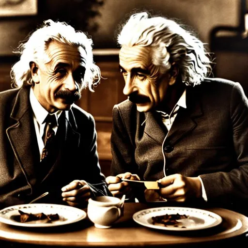 Prompt: dragon and albert einstein dining together