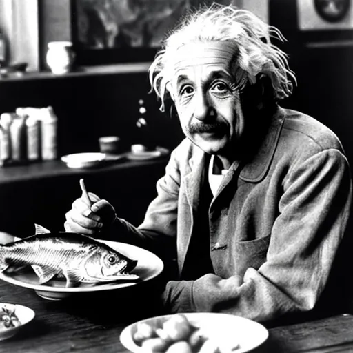 Prompt: Albert Einstein eating fish