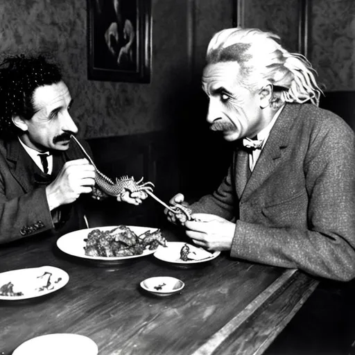 Prompt: dragon eating dinner with albert einstein