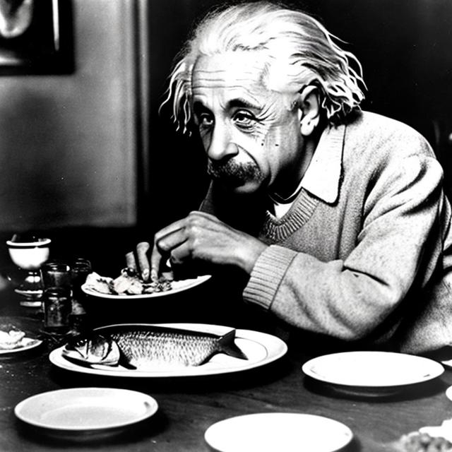 Prompt: Albert Einstein eating fish