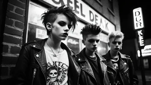 Prompt: Moody black and white photo of punk rock teens outside a rock club, gritty urban setting, raw emotion, black and white, high contrast, dramatic lighting, edgy fashion, rebellious attitude, urban decay, film noir aesthetic, vintage vibes, intense expressions, authentic street style, vintage photography, atmospheric lighting