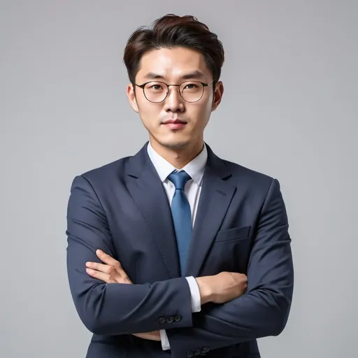 Prompt: Korean man with professional pose for corporate landing page