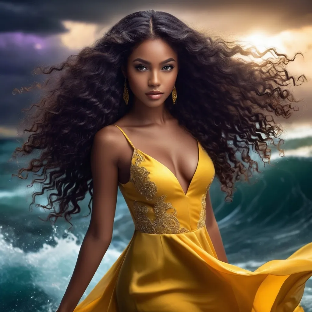 Prompt: (beautiful black girl), 18 years old, striking (like light purple colored eyes), flowing elegant (long loose curly dark hair), (fantasy setting), intense stormy background, showcasing a magical ambiance, (dark brown skin), elegantly wearing a (fitted yellow dress), (ultra-detailed), (high quality), rich colors and textures, captivating and powerful atmosphere. Water bending . Less skinny
