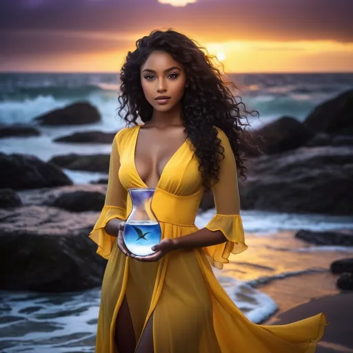 Prompt: (beautiful black girl), 18 years old, striking (like light purple colored eyes), flowing elegant (long loose curly dark hair), (fantasy setting), intense stormy background, showcasing a magical ambiance, (dark brown skin), elegantly wearing a (fitted yellow dress flowy sleeves), (ultra-detailed), (high quality), rich colors and textures, captivating and powerful atmosphere. Water bending. Less skinny. Holding a magic glowing hour glass with a noticeable white fish inside 