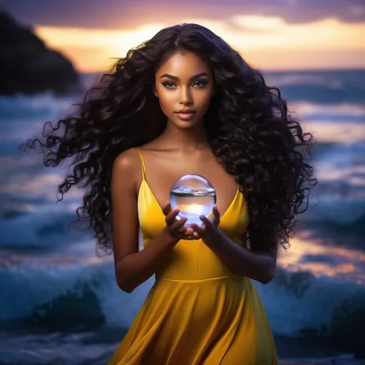 Prompt: (beautiful black girl), 18 years old, striking (like light purple colored eyes), flowing elegant (long loose curly dark hair), (fantasy setting), intense stormy background, showcasing a magical ambiance, (dark brown skin), elegantly wearing a (fitted yellow dress), (ultra-detailed), (high quality), rich colors and textures, captivating and powerful atmosphere. Water bending. Less skinny. Holding a magic glowing hour glass with a noticeable white fish inside 