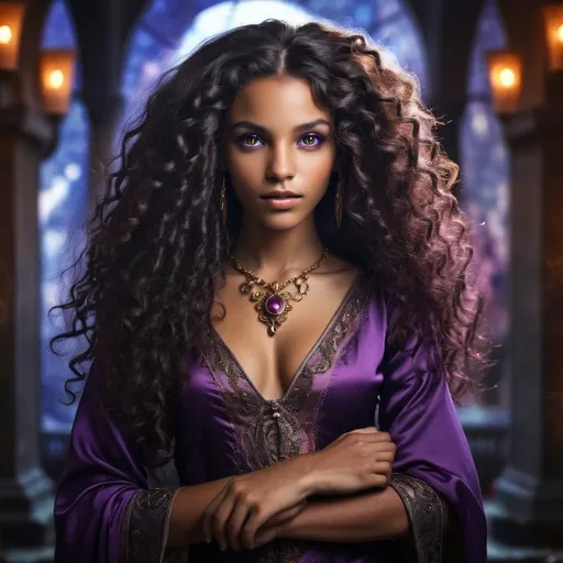 Prompt: Beautiful black girl 17 dark purple eyes. Long curly hair. Fantasy. Storming background. Darker skin

