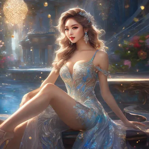 Prompt: splash art, by Greg rutkowski, hyper detailed perfect face,

beautiful kpop idol sitting, full body, long legs, perfect body,

high-resolution cute face, perfect proportions,smiling, intricate hyperdetailed hair, light makeup, sparkling, highly detailed, intricate hyperdetailed shining eyes,  

Elegant, ethereal, graceful,

HDR, UHD, high res, 64k, cinematic lighting, special effects, hd octane render, professional photograph, studio lighting, trending on artstation