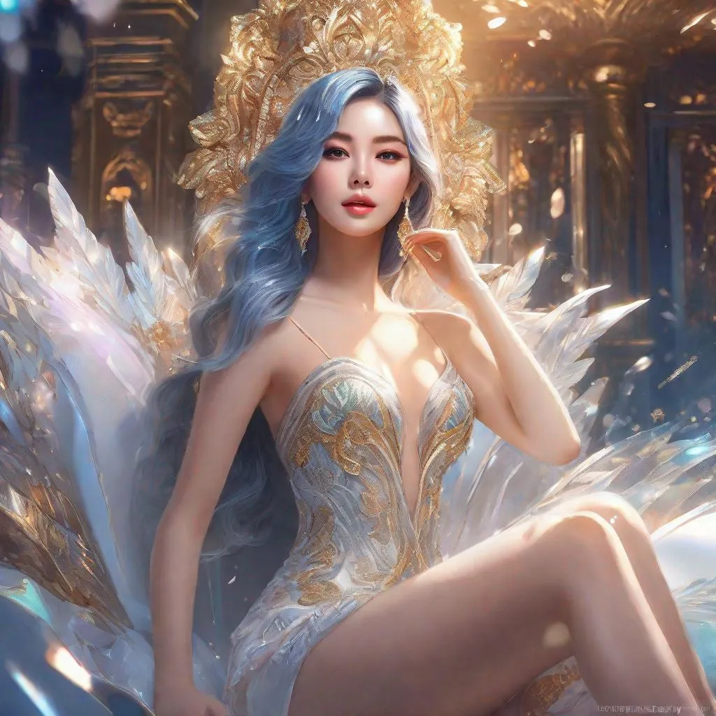 Prompt: splash art, by Greg rutkowski, hyper detailed perfect face,

beautiful kpop idol sitting, full body, long legs, perfect body,

high-resolution cute face, perfect proportions,smiling, intricate hyperdetailed hair, light makeup, sparkling, highly detailed, intricate hyperdetailed shining eyes,  

Elegant, ethereal, graceful,

HDR, UHD, high res, 64k, cinematic lighting, special effects, hd octane render, professional photograph, studio lighting, trending on artstation