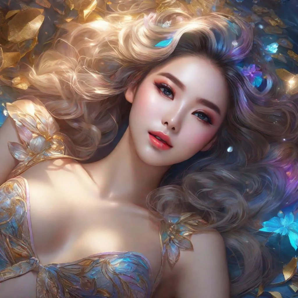 Prompt: splash art, by Greg rutkowski, hyper detailed perfect face,

beautiful kpop idol lying down, full body, long legs, perfect body,

high-resolution cute face, perfect proportions,smiling, intricate hyperdetailed hair, light makeup, sparkling, highly detailed, intricate hyperdetailed shining eyes,  

Elegant, ethereal, graceful,

HDR, UHD, high res, 64k, cinematic lighting, special effects, hd octane render, professional photograph, studio lighting, trending on artstation