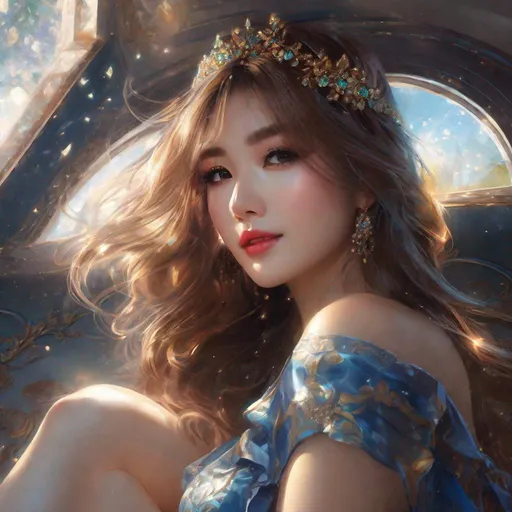 Prompt: splash art, by Greg rutkowski, hyper detailed perfect face,

beautiful kpop idol sitting, full body, long legs, perfect body,

high-resolution cute face, perfect proportions,smiling, intricate hyperdetailed hair, light makeup, sparkling, highly detailed, intricate hyperdetailed shining eyes,  

Elegant, ethereal, graceful,

HDR, UHD, high res, 64k, cinematic lighting, special effects, hd octane render, professional photograph, studio lighting, trending on artstation