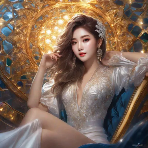 Prompt: splash art, by Greg rutkowski, hyper detailed perfect face,

beautiful kpop idol sitting, full body, long legs, perfect body,

high-resolution cute face, perfect proportions,smiling, intricate hyperdetailed hair, light makeup, sparkling, highly detailed, intricate hyperdetailed shining eyes,  

Elegant, ethereal, graceful,

HDR, UHD, high res, 64k, cinematic lighting, special effects, hd octane render, professional photograph, studio lighting, trending on artstation