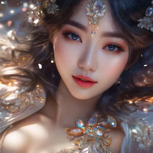 Prompt: splash art, by Greg rutkowski, hyper detailed perfect face,

beautiful kpop idol lying down, full body, long legs, perfect body,

high-resolution cute face, perfect proportions,smiling, intricate hyperdetailed hair, light makeup, sparkling, highly detailed, intricate hyperdetailed shining eyes,  

Elegant, ethereal, graceful,

HDR, UHD, high res, 64k, cinematic lighting, special effects, hd octane render, professional photograph, studio lighting, trending on artstation