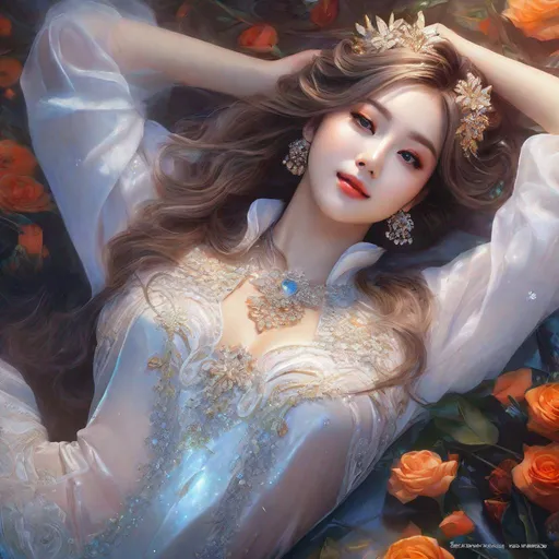 Prompt: splash art, by Greg rutkowski, hyper detailed perfect face,

beautiful kpop idol lying down, full body, long legs, perfect body,

high-resolution cute face, perfect proportions,smiling, intricate hyperdetailed hair, light makeup, sparkling, highly detailed, intricate hyperdetailed shining eyes,  

Elegant, ethereal, graceful,

HDR, UHD, high res, 64k, cinematic lighting, special effects, hd octane render, professional photograph, studio lighting, trending on artstation