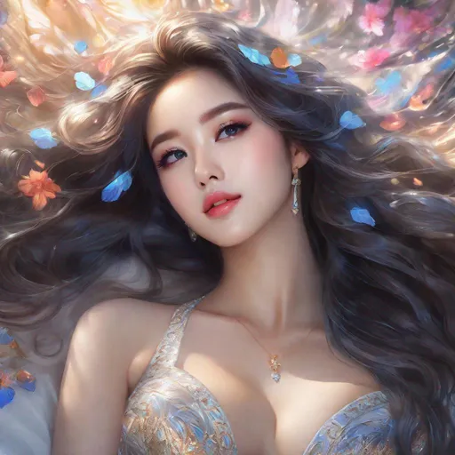 Prompt: splash art, by Greg rutkowski, hyper detailed perfect face,

beautiful kpop idol lying down, full body, long legs, perfect body,

high-resolution cute face, perfect proportions,smiling, intricate hyperdetailed hair, light makeup, sparkling, highly detailed, intricate hyperdetailed shining eyes,  

Elegant, ethereal, graceful,

HDR, UHD, high res, 64k, cinematic lighting, special effects, hd octane render, professional photograph, studio lighting, trending on artstation