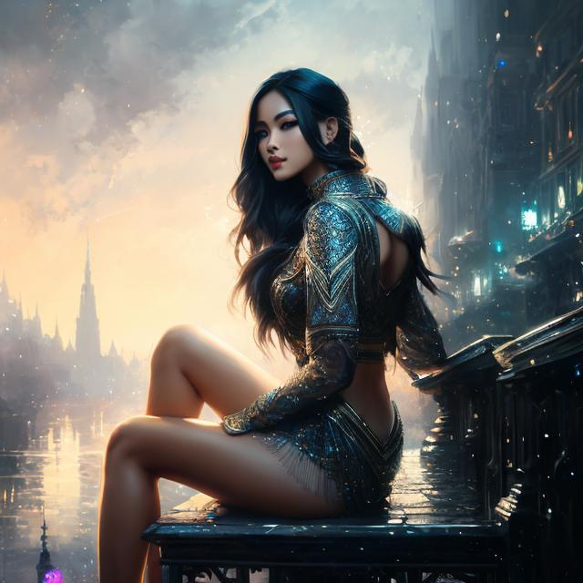 Prompt: splash art, by Greg rutkowski, hyper detailed perfect face,

beautiful kpop idol sitting, full body, long legs, perfect body,

high-resolution cute face, perfect proportions,smiling, intricate hyperdetailed hair, light makeup, sparkling, highly detailed, intricate hyperdetailed shining eyes,  

Elegant, ethereal, graceful,

HDR, UHD, high res, 64k, cinematic lighting, special effects, hd octane render, professional photograph, studio lighting, trending on artstation