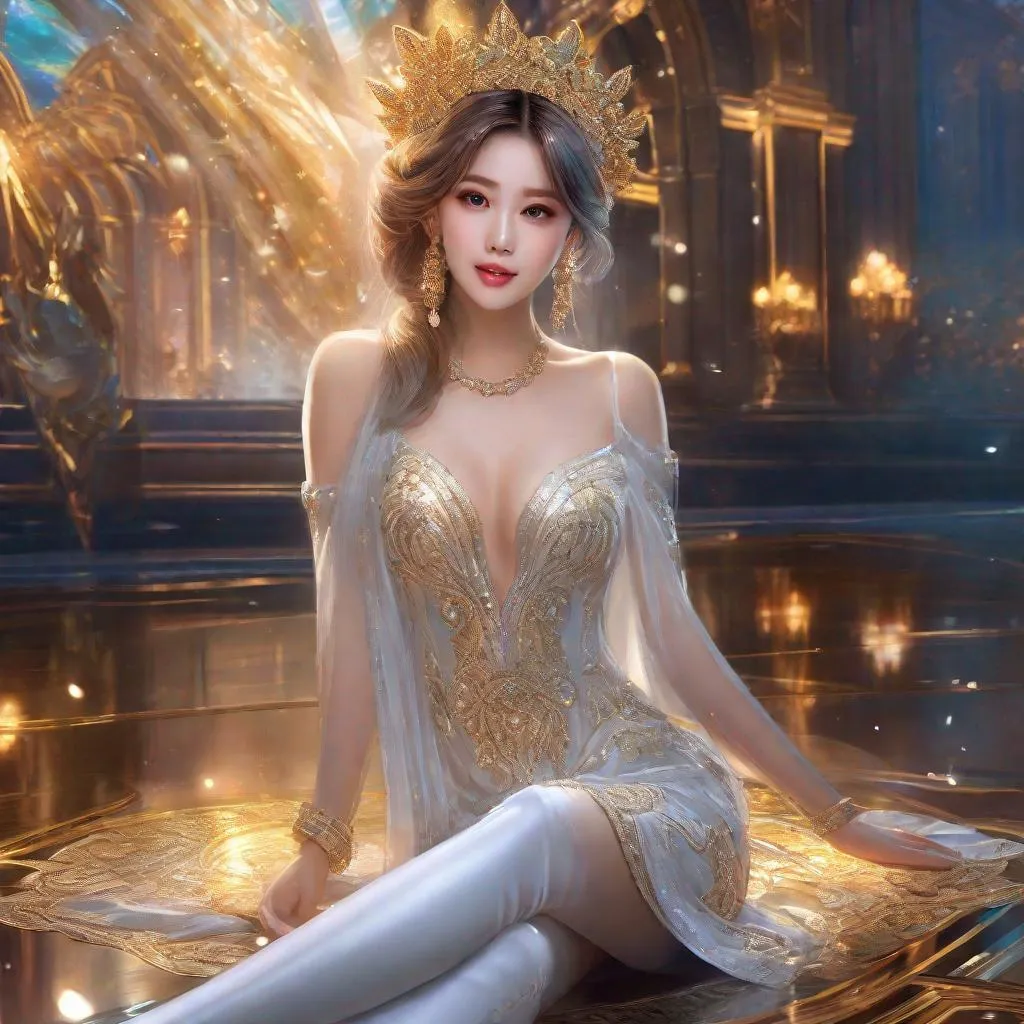 Prompt: splash art, by Greg rutkowski, hyper detailed perfect face,

beautiful kpop idol sitting, full body, long legs, perfect body,

high-resolution cute face, perfect proportions,smiling, intricate hyperdetailed hair, light makeup, sparkling, highly detailed, intricate hyperdetailed shining eyes,  

Elegant, ethereal, graceful,

HDR, UHD, high res, 64k, cinematic lighting, special effects, hd octane render, professional photograph, studio lighting, trending on artstation