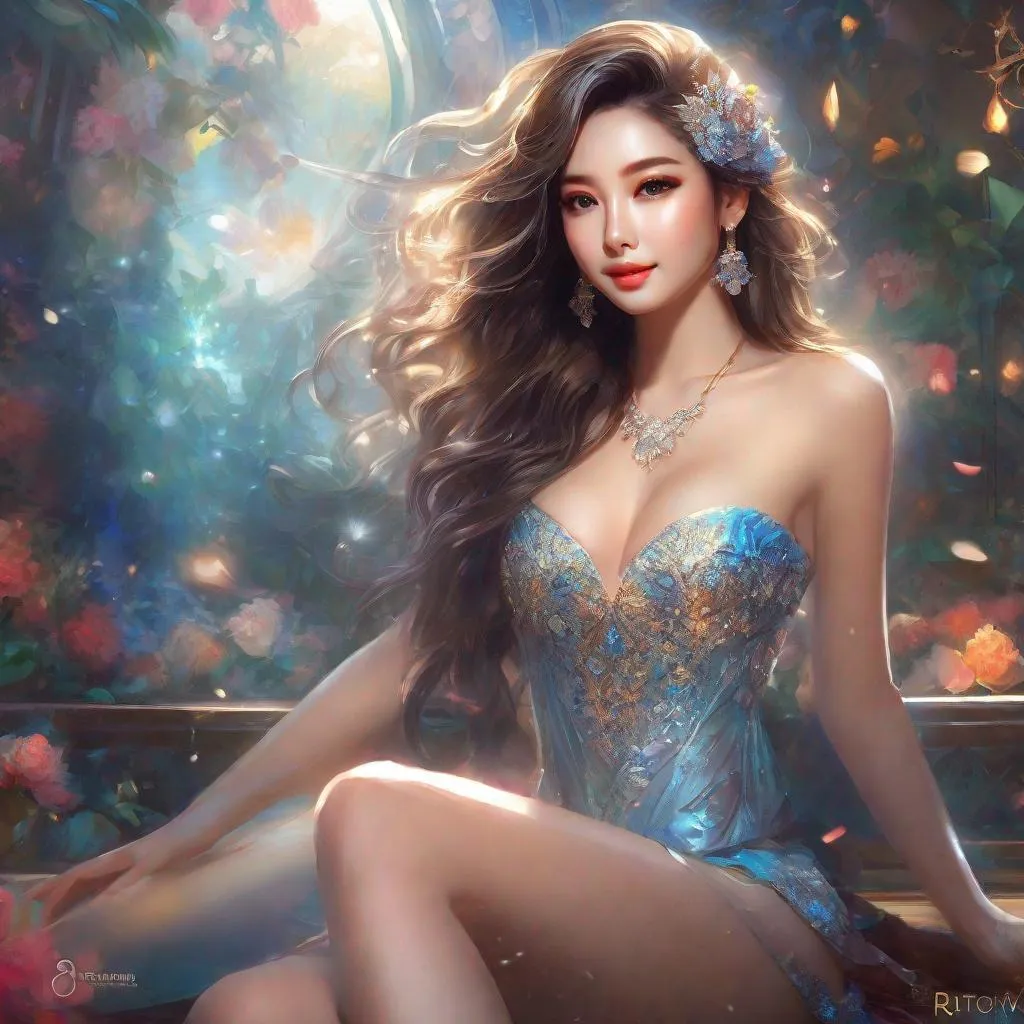 Prompt: splash art, by Greg rutkowski, hyper detailed perfect face,

beautiful kpop idol sitting, full body, long legs, perfect body,

high-resolution cute face, perfect proportions,smiling, intricate hyperdetailed hair, light makeup, sparkling, highly detailed, intricate hyperdetailed shining eyes,  

Elegant, ethereal, graceful,

HDR, UHD, high res, 64k, cinematic lighting, special effects, hd octane render, professional photograph, studio lighting, trending on artstation