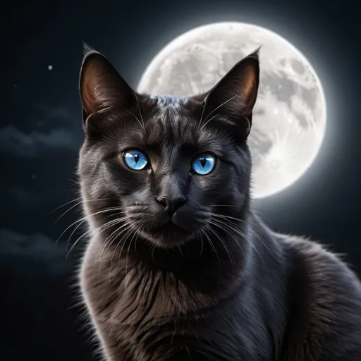 Prompt: Black cat gaze at moon, moonlit night, detailed fur with moonlight reflections, intense and focused gaze, high quality, realistic, moonlit, detailed eyes, sleek design, atmospheric lighting, moonlit night
