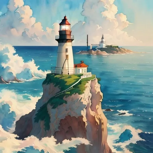 Prompt: (watercolor painting of a lighthouse), studio ghibli style, anime vibes, richly detailed brushstrokes, masterpiece art, serene coastal scenery, soft sea blues, gentle green hues, warm golden sunlight, enchanted and whimsical atmosphere, **cinematic high depth**, ultra-detailed, subtle misty background, hand-painted look, vibrant color palette, dynamic lighting