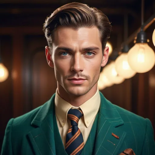 Prompt: Photo realistic of a Gorgeous man in old school outfit, high-res, Panavision style, vintage fashion, detailed facial features, classy, vibrant colors, professional lighting