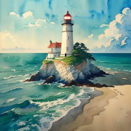 Prompt: (watercolor painting of a lighthouse), studio ghibli style, anime vibes, richly detailed brushstrokes, masterpiece art, serene coastal scenery, soft sea blues, gentle green hues, warm golden sunlight, enchanted and whimsical atmosphere, **cinematic high depth**, ultra-detailed, subtle misty background, hand-painted look, vibrant color palette, dynamic lighting