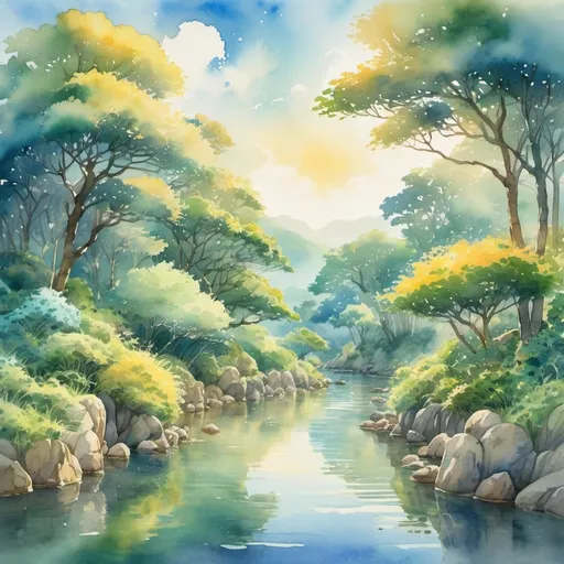 Prompt: (watercolor painting of amazing park, river), studio ghibli style, anime vibes, richly detailed brushstrokes, masterpiece art, serene coastal scenery, soft sea blues, gentle green hues, warm golden sunlight, enchanted and whimsical atmosphere, **cinematic high depth**, ultra-detailed, subtle misty background, hand-painted look, vibrant color palette, dynamic lighting