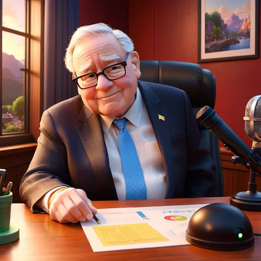 Prompt: Stunning Warren Buffet sitting at a desk, podcast mic in front, cat beside, Disney Pixar style, professional lighting, vibrant colors, detailed features, high quality, 3D rendering, animated, business attire, sophisticated setting, focused expression, elegant design