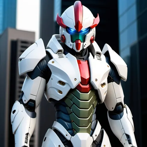 Prompt: A man wearing a full-face helmet, fantasy style biotech armored combat suit, green eyes, (composite chest armor), fully enclosed shoulder pads, matching arm and leg guards, belt with Z logo, (color scheme is primarily white with red and blue accents), designed to achieve a balance between weight and flexibility, high-tech bio-mech, (after Mazinger Z inspired armor concept, standing atop a skyscraper in a futuristic sci-fi city), this character embodies a well-designed anime style armored hero with a fantasy surreal style, sophisticated and mature manga art style, (battle damage, elements, plasma, vitality, armor glow), ((male:1.5)), metal, real texture material, dramatic, HD, best quality, high resolution, extremely detailed, ultra-fine, extremely subtle, professional, perfect body proportions, golden ratio, anatomically correct, symmetrical face, extremely detailed eyes and face, high quality eyes, creativity, RAW photo, Ultra HD, 32K, natural light, cinematic lighting, Masterpiece-anatomy-perfect, Masterpiece:1.5