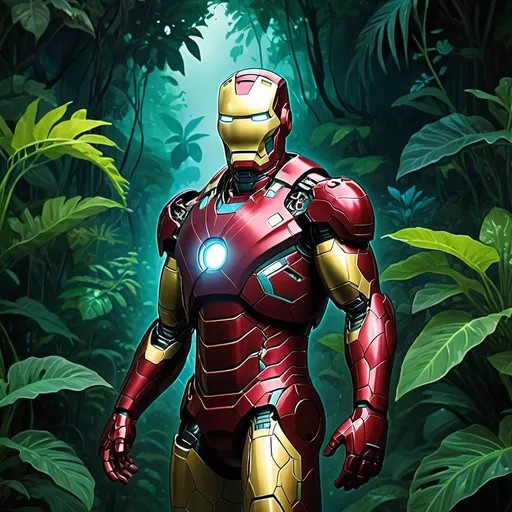 Prompt:  Ironman, in a lush alien jungle with exotic plants and bioluminescent flora, the dense foliage glowing with vibrant colors, a calm and serene night scene, his suit's lights softly illuminating his surroundings, digital art, detailed rendering with emphasis on the contrast between technology and nature