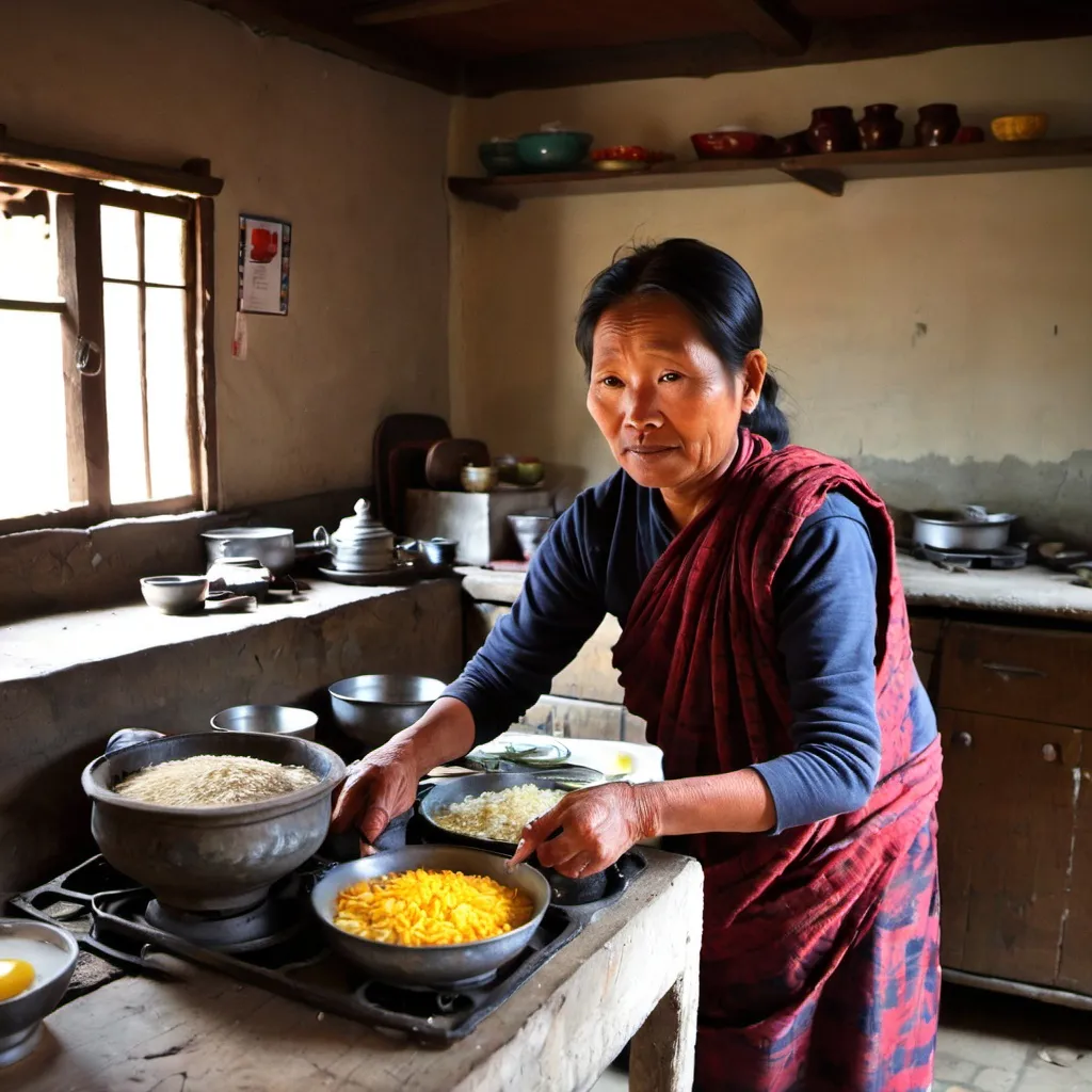 Prompt: Kitchen, asia nepali mother preparing breakfast.