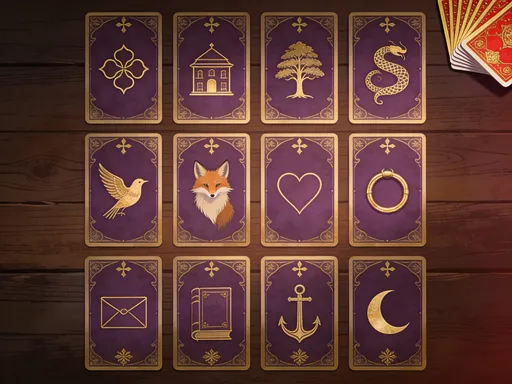 Prompt: This is a digital illustration depicting a set of 16 tarot cards arranged in a 4x4 grid on a dark wooden table. Each card has a rich purple background with gold accents and intricate designs. The cards are labeled with their respective symbols at the top, such as a four-leaf clover, a house, a tree, a serpent, a bird, a fox, a heart, a ring, an envelope, a book, an anchor, and a crescent moon. Each symbol is centered on the card and is gold-colored, contrasting with the purple background. The bottom of each card has a smaller gold design, adding to the ornate look. In the top right corner of the image, there is a partially visible deck of cards with red and gold covers, slightly fanned out. The table's wood grain is visible, adding texture to the background. The overall style is reminiscent of vintage or mystical tarot card designs, with a focus on elegance and detail. The cards are evenly spaced, and the arrangement is symmetrical, enhancing the visual balance of the illustration. The lighting is soft, creating a warm and inviting atmosphere.